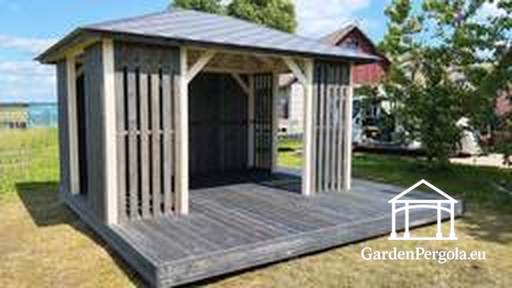 3x4 m Dřevěný altán se 4x4 m terasou — Útulný zahradní altán s podlahou a otevřenou terasou - garden gazebo pergola