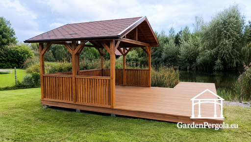 3x4 m Dřevěný altán s 3x4 m terasou — Útulný zahradní altán s podlahou a otevřenou terasou - garden gazebo pergola