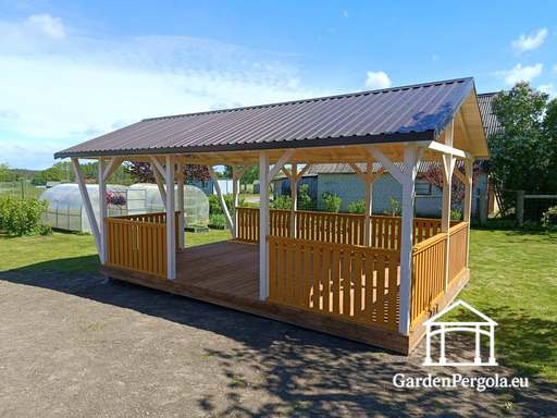 4x7 m Dřevěný Altán na Zakázku — Prostorný Zahradní Altán s Podlahou a Dvojitou Sedlovou Střechou - garden gazebo pergola
