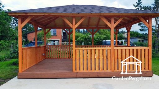 4x5 m jantarový dřevěný altán — prostorný zahradní altán s podlahou, zábradlím a krytou střechou - garden gazebo pergola