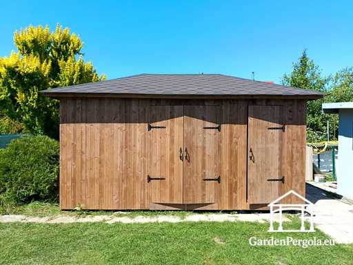 3x5,5 m dřevěný zahradní domek na míru — Prostorný úložný domek se širokými dvoukřídlými dveřmi - garden gazebo pergola