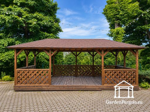 4x7 m Hnědý Dřevěný Altán — Prostorný Zahradní Altán s Podlahou, Mřížkovými Zábradlími a Šindelovou Střechou - garden gazebo pergola