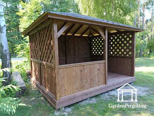 3x4 m Tmavě hnědý dřevěný zahradní altán - garden gazebo pergola