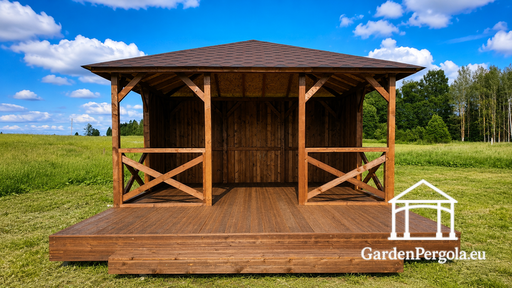 4x4,5 m Dřevěný zahradní altán s 2x4,5 m otevřenou terasou - garden gazebo pergola