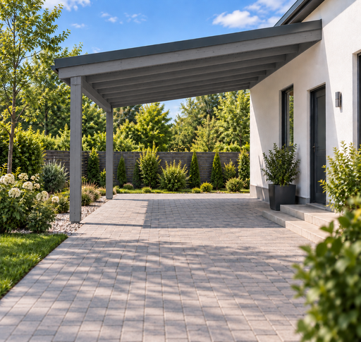 4x4 m dřevěný přístřešek na auto přistavěný k domu - garden gazebo pergola