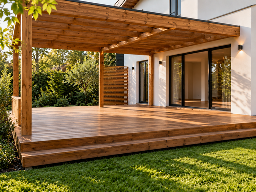 Dřevěná terasa u domu, velikost, schody, zábradlí a design