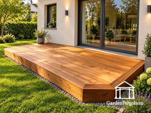 18 m² přírodní dřevěná terasa s nepravidelnými okraji - garden gazebo pergola