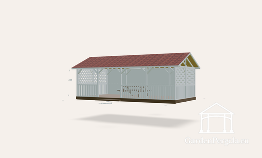 Gazebo 4x8m with red shingle dual slope roof